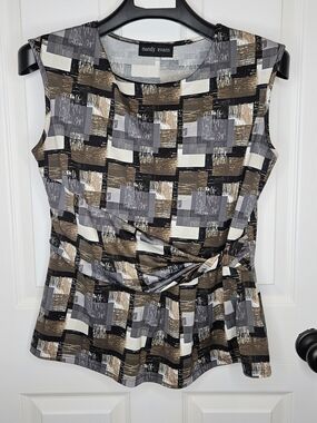 Mandy Evans Twist Pleat Sleeveless Blouse Brown Gray Top Size L